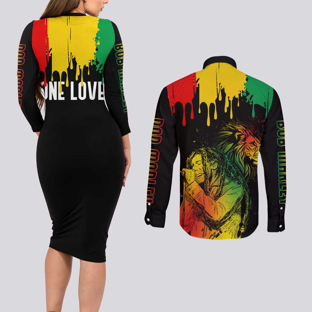 Jamaica Reggae Couples Matching Long Sleeve Bodycon Dress and Long Sleeve Button Shirts Legend Bob Sketch Style One Love LT7
