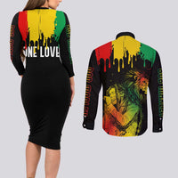 Jamaica Reggae Couples Matching Long Sleeve Bodycon Dress and Long Sleeve Button Shirts Legend Bob Sketch Style One Love LT7