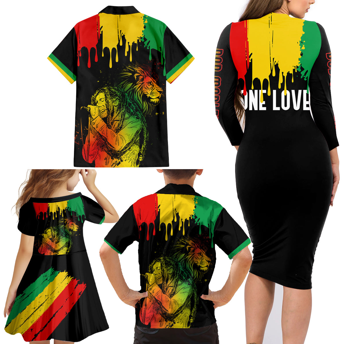 Jamaica Reggae Family Matching Long Sleeve Bodycon Dress and Hawaiian Shirt Legend Bob Sketch Style One Love LT7 - Wonder Print Shop