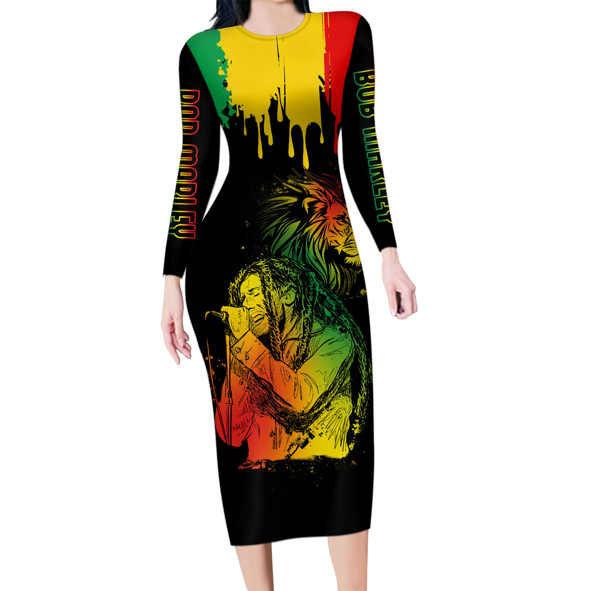 Jamaica Reggae Family Matching Long Sleeve Bodycon Dress and Hawaiian Shirt Legend Bob Sketch Style One Love LT7 - Wonder Print Shop