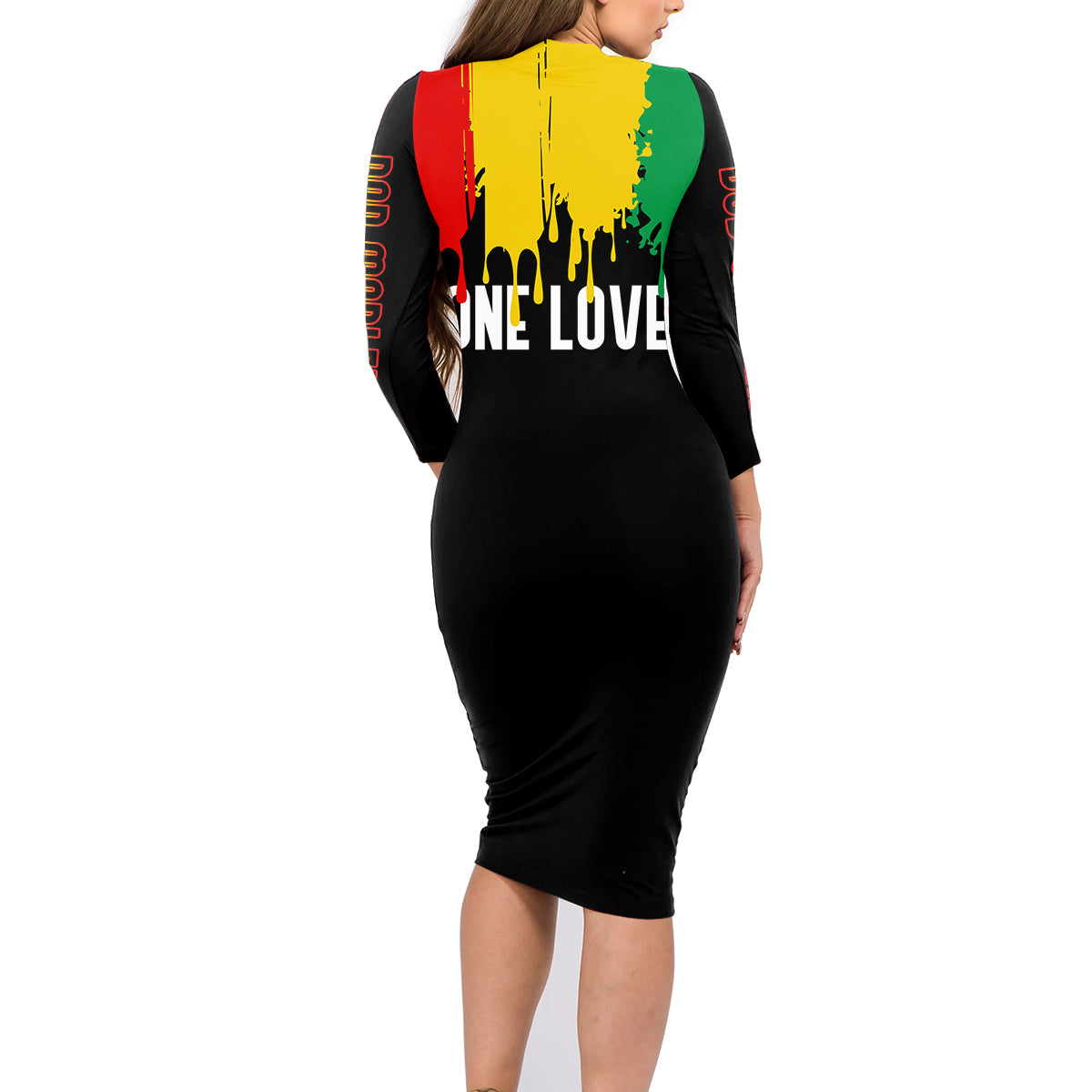 Jamaica Reggae Family Matching Long Sleeve Bodycon Dress and Hawaiian Shirt Legend Bob Sketch Style One Love LT7 - Wonder Print Shop