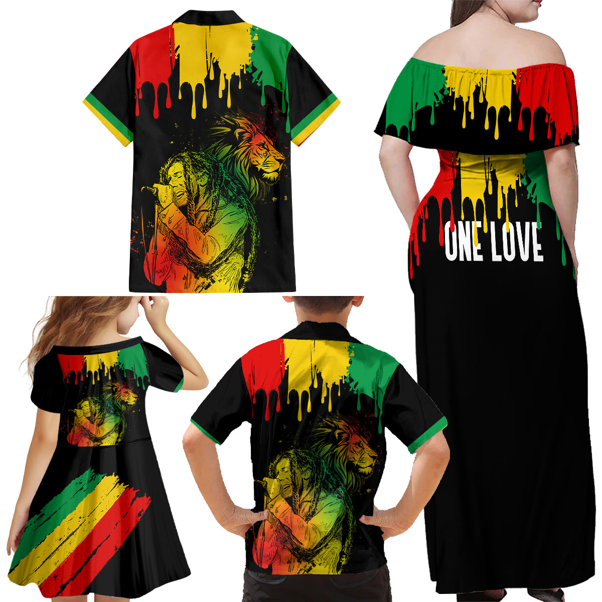 Jamaica Reggae Family Matching Off Shoulder Long Sleeve Dress and Hawaiian Shirt Legend Bob Sketch Style One Love - Wonder Print Shop