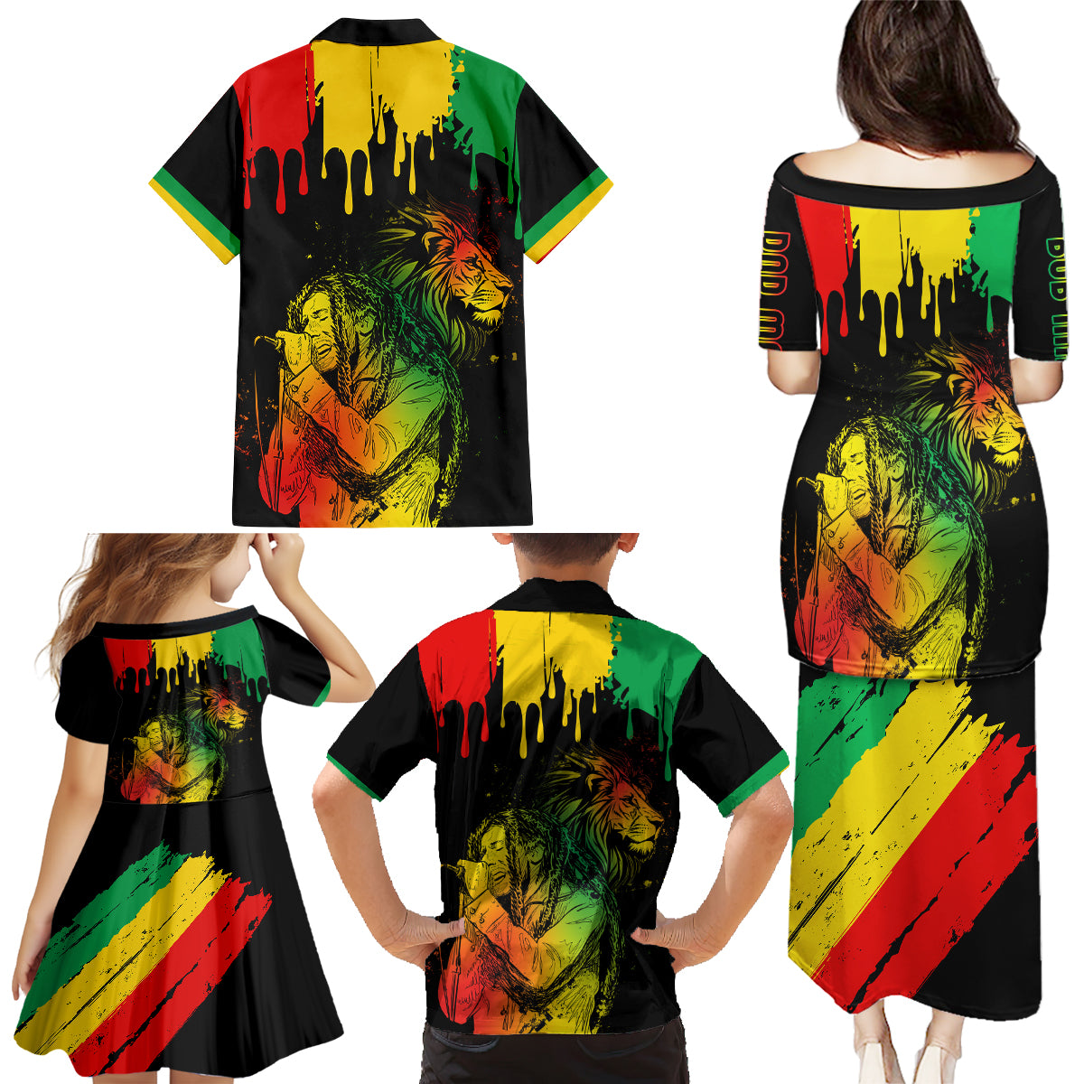 Jamaica Reggae Family Matching Puletasi Dress and Hawaiian Shirt Legend Bob Sketch Style One Love - Wonder Print Shop