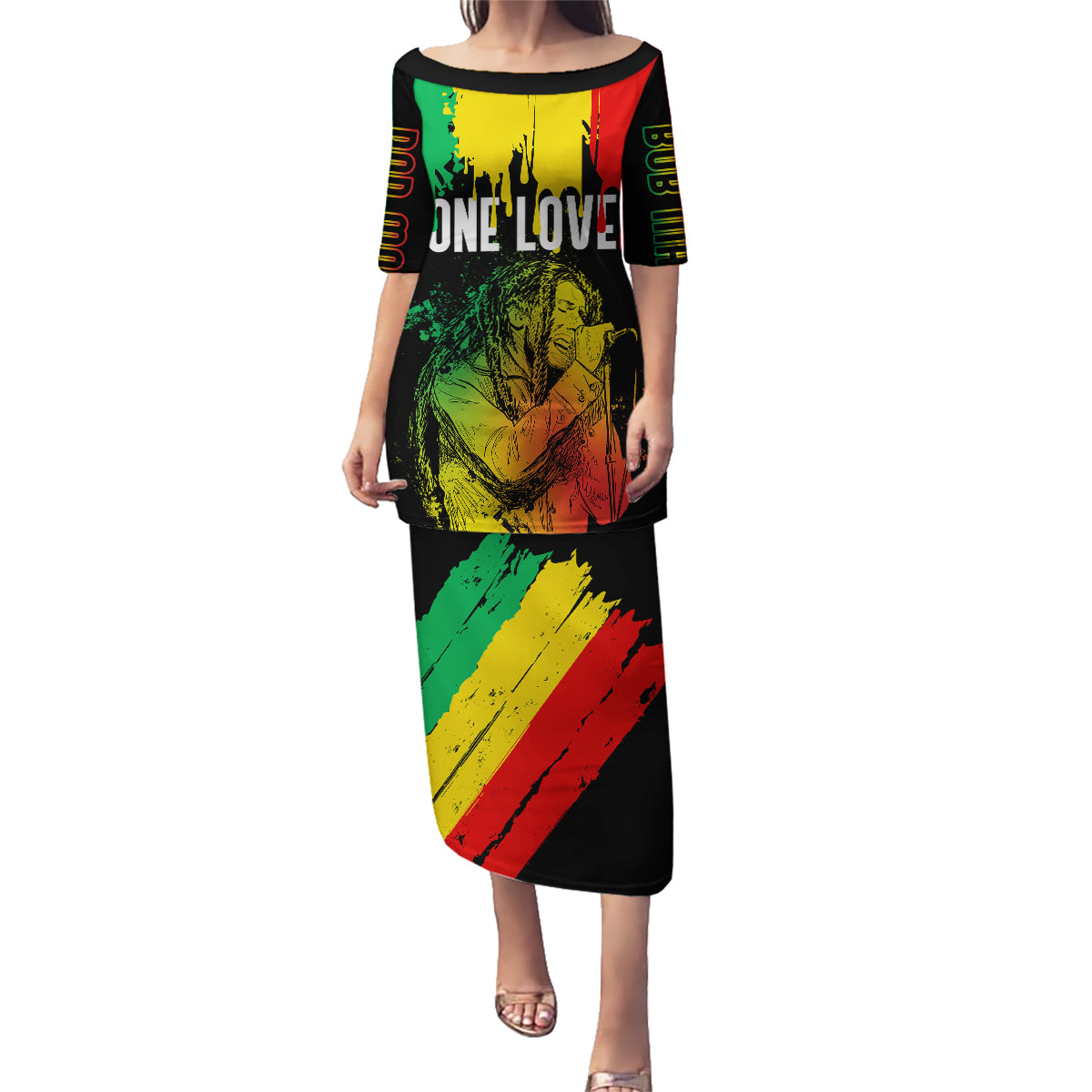 Jamaica Reggae Family Matching Puletasi Dress and Hawaiian Shirt Legend Bob Sketch Style One Love - Wonder Print Shop