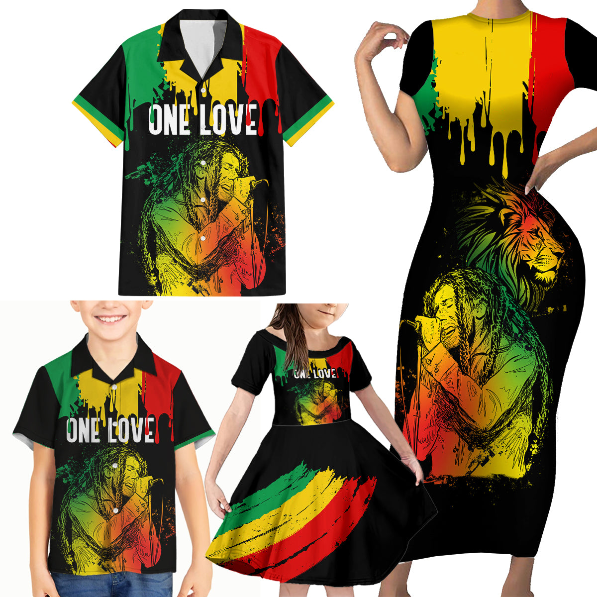 Jamaica Reggae Family Matching Short Sleeve Bodycon Dress and Hawaiian Shirt Legend Bob Sketch Style One Love - Wonder Print Shop