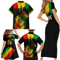 Jamaica Reggae Family Matching Short Sleeve Bodycon Dress and Hawaiian Shirt Legend Bob Sketch Style One Love - Wonder Print Shop