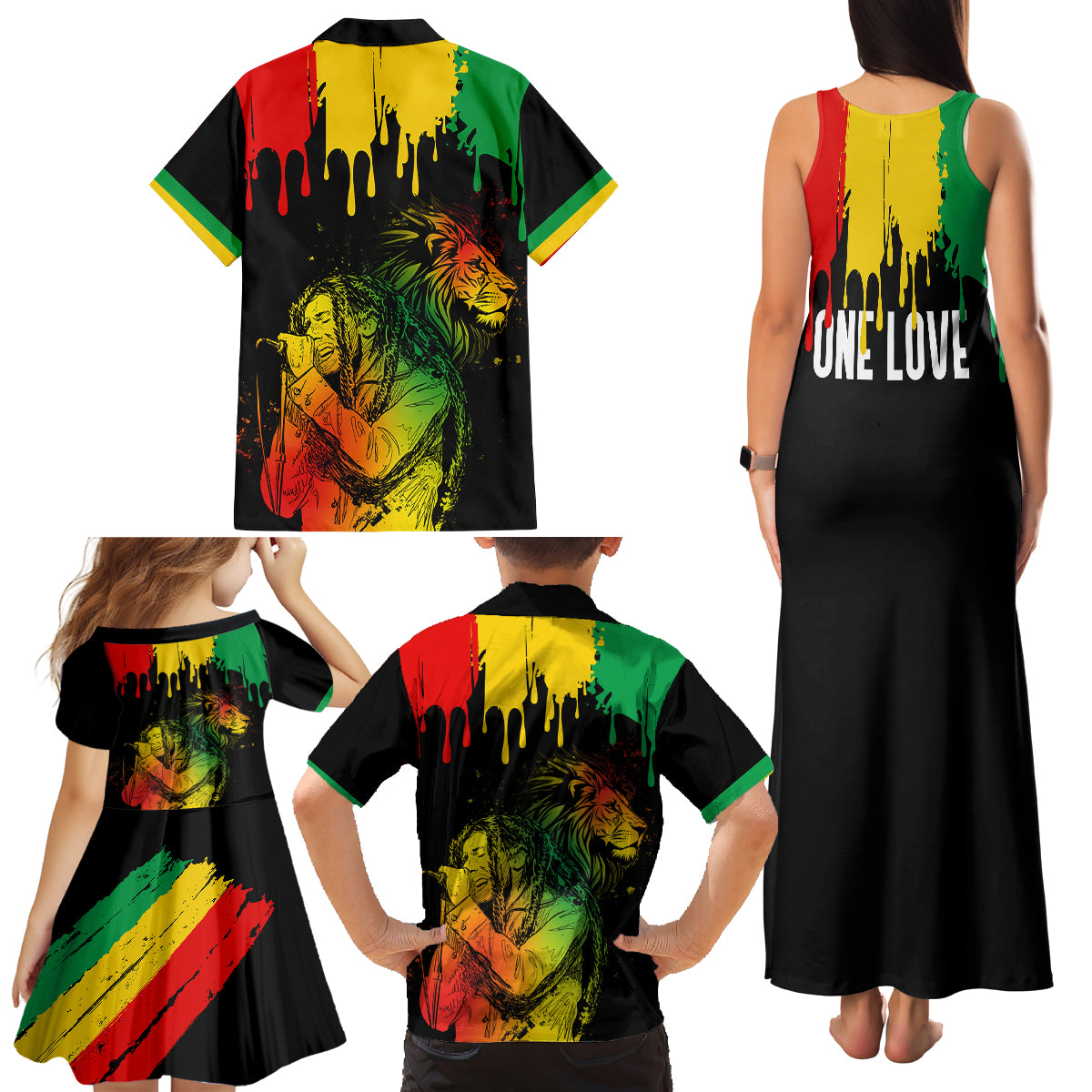 Jamaica Reggae Family Matching Tank Maxi Dress and Hawaiian Shirt Legend Bob Sketch Style One Love - Wonder Print Shop