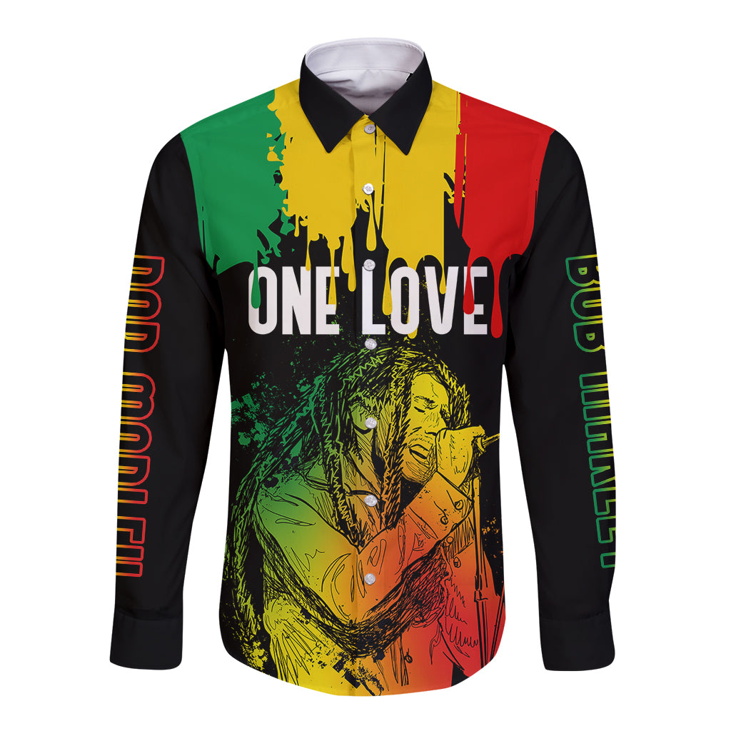 Jamaica Reggae Long Sleeve Button Shirt Legend Bob Sketch Style One Love - Wonder Print Shop