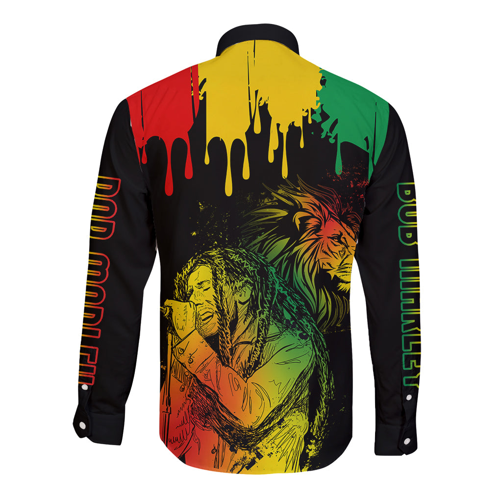 Jamaica Reggae Long Sleeve Button Shirt Legend Bob Sketch Style One Love - Wonder Print Shop