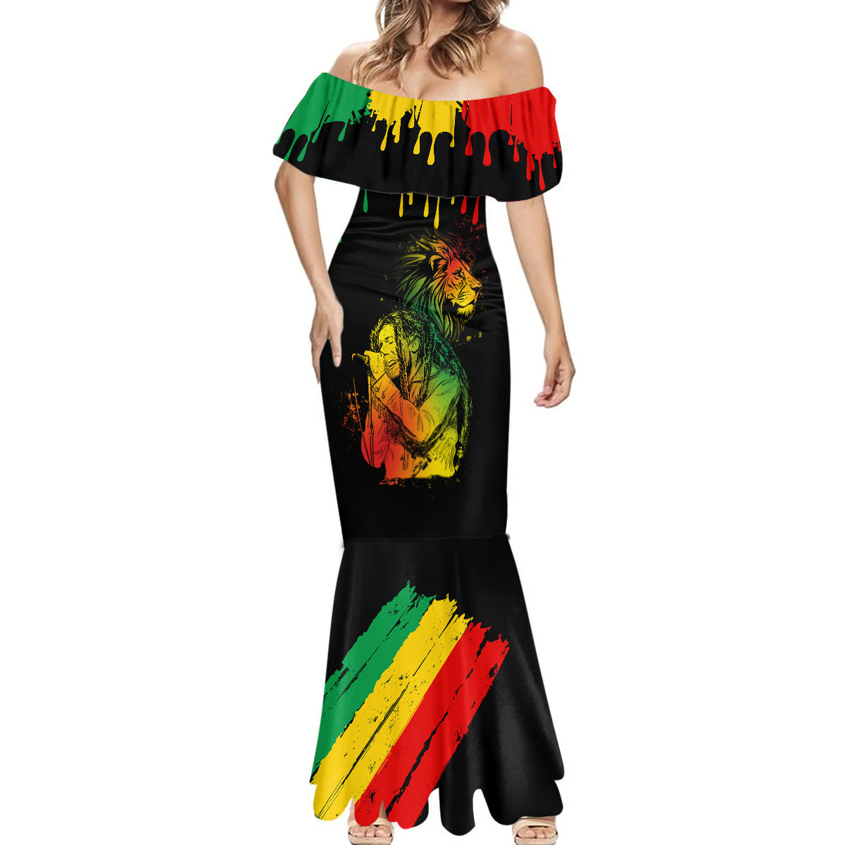 Jamaica Reggae Mermaid Dress Legend Bob Sketch Style One Love - Wonder Print Shop