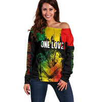 Jamaica Reggae Off Shoulder Sweater Legend Bob Sketch Style One Love - Wonder Print Shop