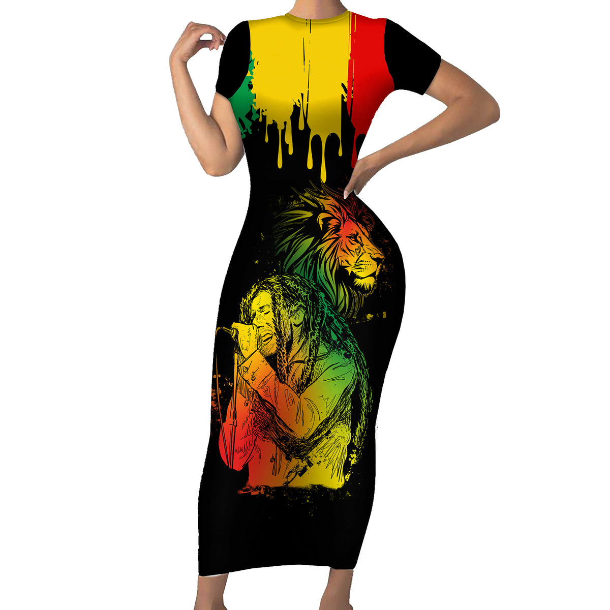 Jamaica Reggae Short Sleeve Bodycon Dress Legend Bob Sketch Style One Love - Wonder Print Shop