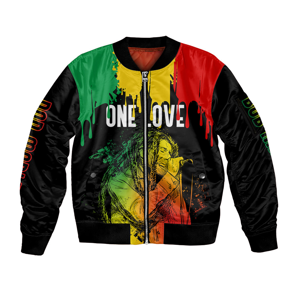Jamaica Reggae Sleeve Zip Bomber Jacket Legend Bob Sketch Style One Love - Wonder Print Shop