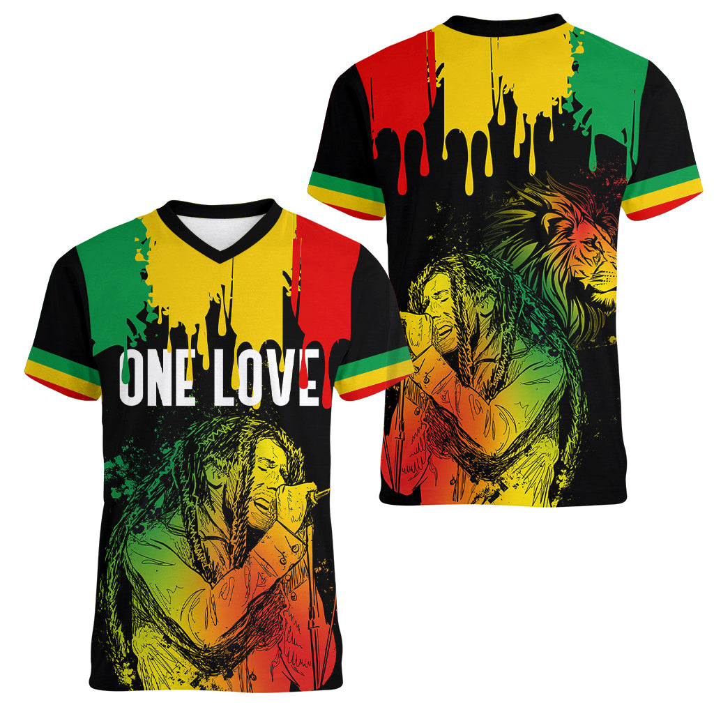 Jamaica Reggae Women V Neck T Shirt Legend Bob Sketch Style One Love - Wonder Print Shop