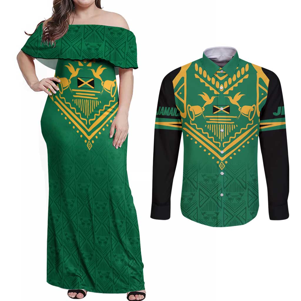 JLP Choose Jamaica Couples Matching Off Shoulder Maxi Dress and Long Sleeve Button Shirt - Wonder Print Shop