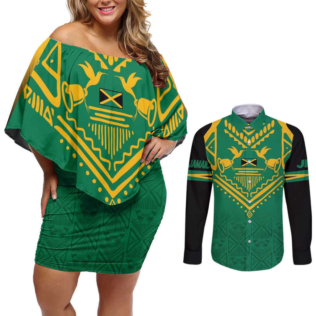 JLP Choose Jamaica Couples Matching Off Shoulder Short Dress and Long Sleeve Button Shirt - Wonder Print Shop