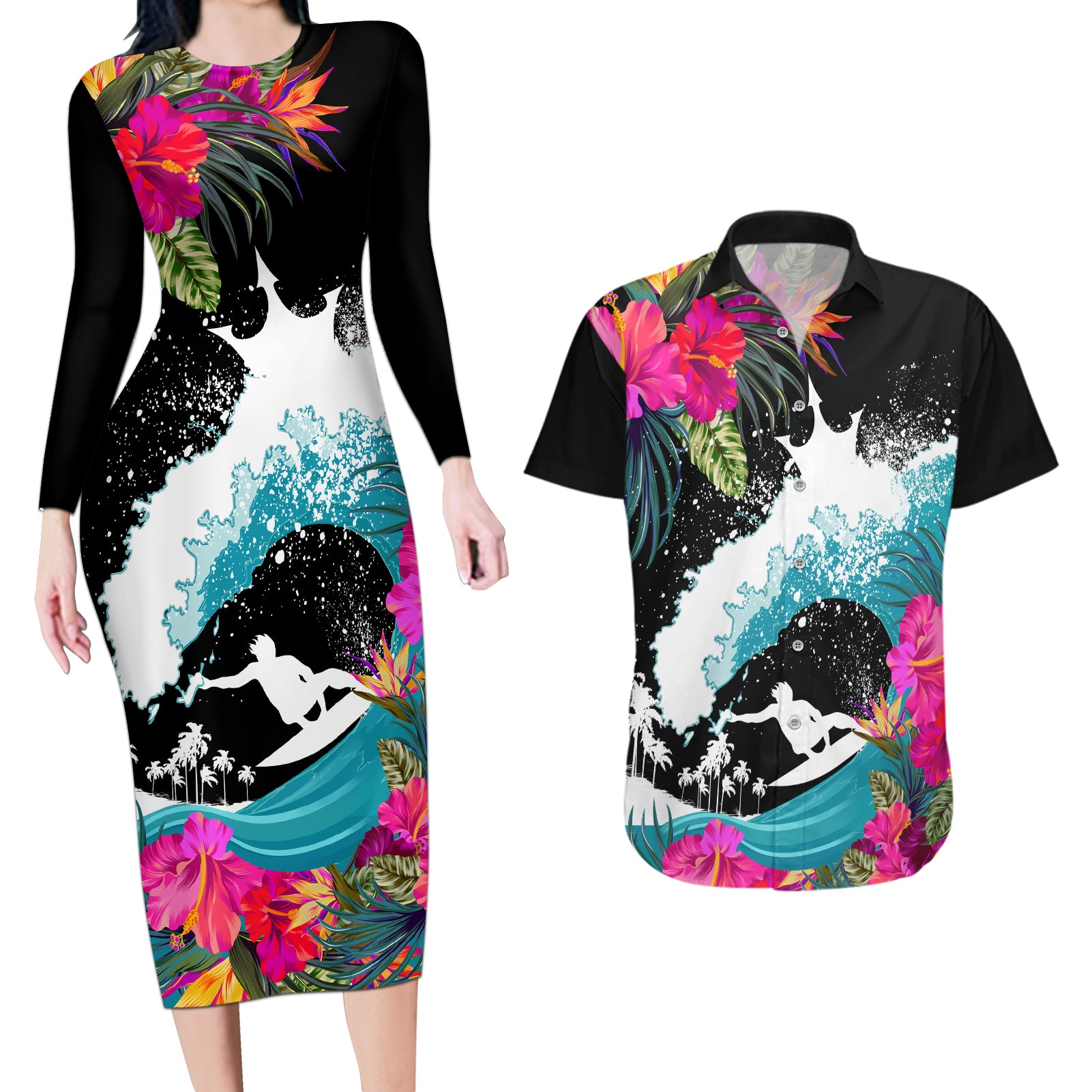 Hawaii Surfing Couples Matching Long Sleeve Bodycon Dress and Hawaiian Shirt Triple Crown Rides The Waves LT7 - Wonder Print Shop