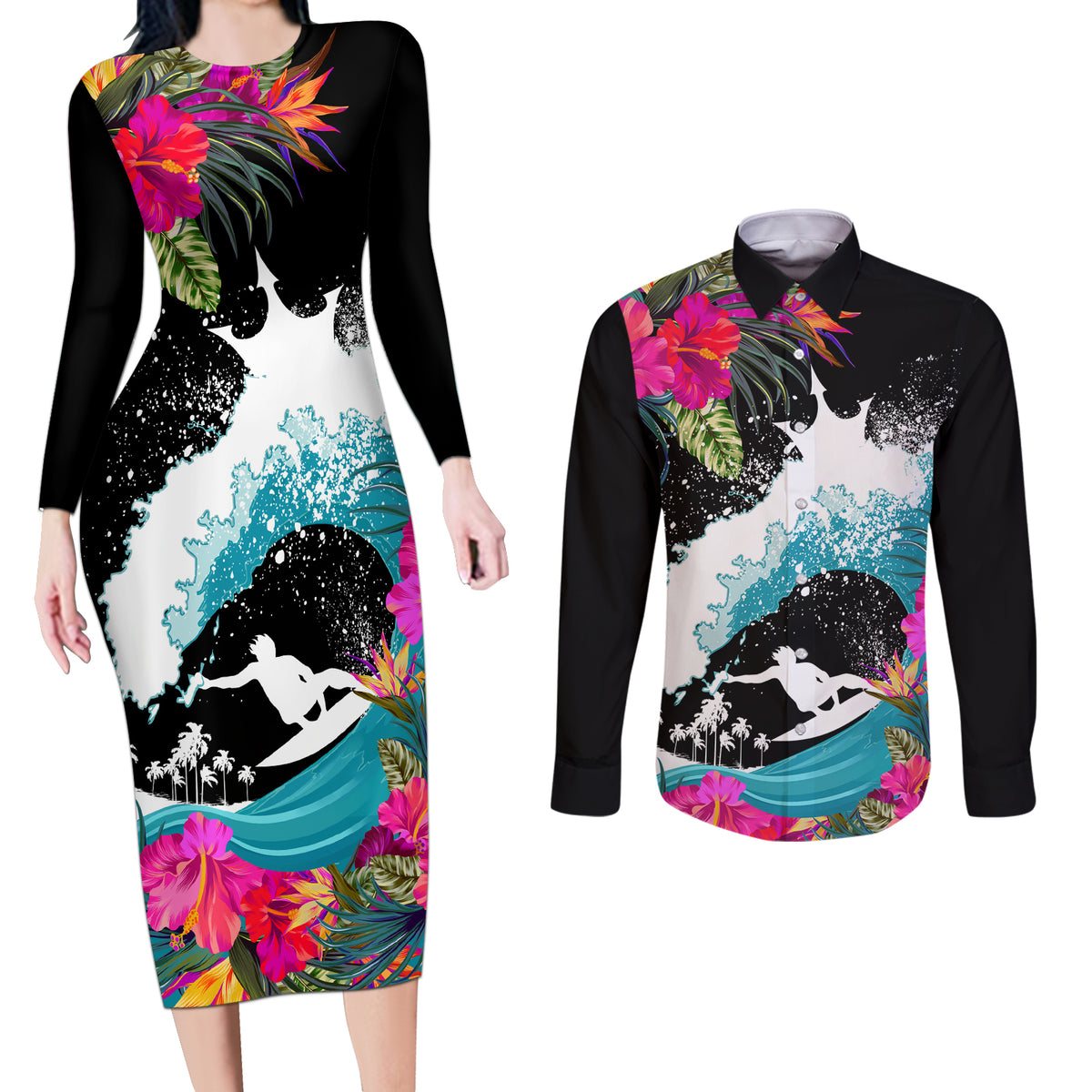 Hawaii Surfing Couples Matching Long Sleeve Bodycon Dress and Long Sleeve Button Shirts Triple Crown Rides The Waves LT7 - Wonder Print Shop
