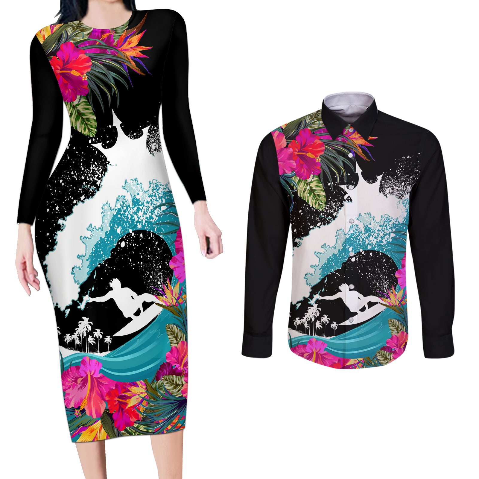 Hawaii Surfing Couples Matching Long Sleeve Bodycon Dress and Long Sleeve Button Shirts Triple Crown Rides The Waves LT7 - Wonder Print Shop