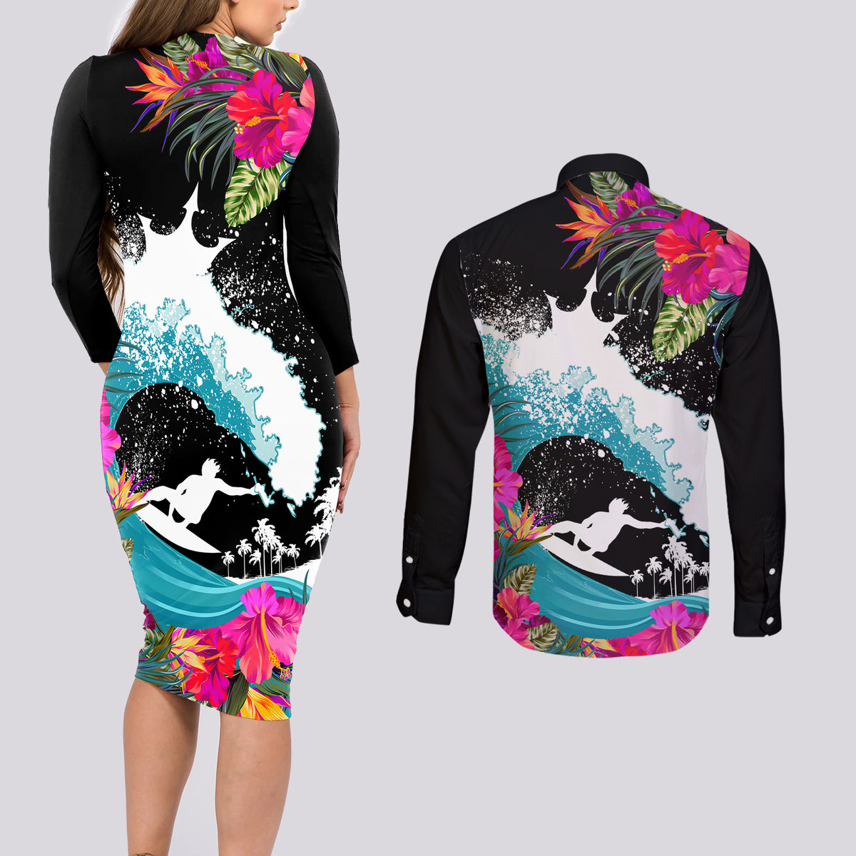 Hawaii Surfing Couples Matching Long Sleeve Bodycon Dress and Long Sleeve Button Shirts Triple Crown Rides The Waves LT7 - Wonder Print Shop