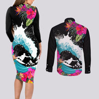 Hawaii Surfing Couples Matching Long Sleeve Bodycon Dress and Long Sleeve Button Shirts Triple Crown Rides The Waves LT7 - Wonder Print Shop