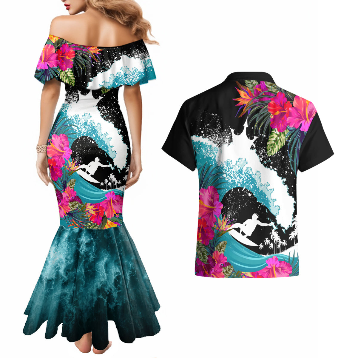 Hawaii Surfing Couples Matching Mermaid Dress and Hawaiian Shirt Triple Crown Rides The Waves LT7 - Wonder Print Shop