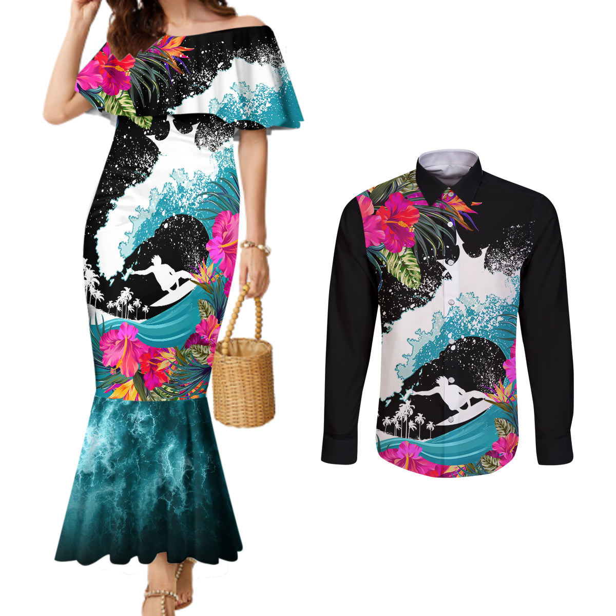 hawaii-surfing-couples-matching-mermaid-dress-and-long-sleeve-button-shirts-triple-crown-rides-the-waves