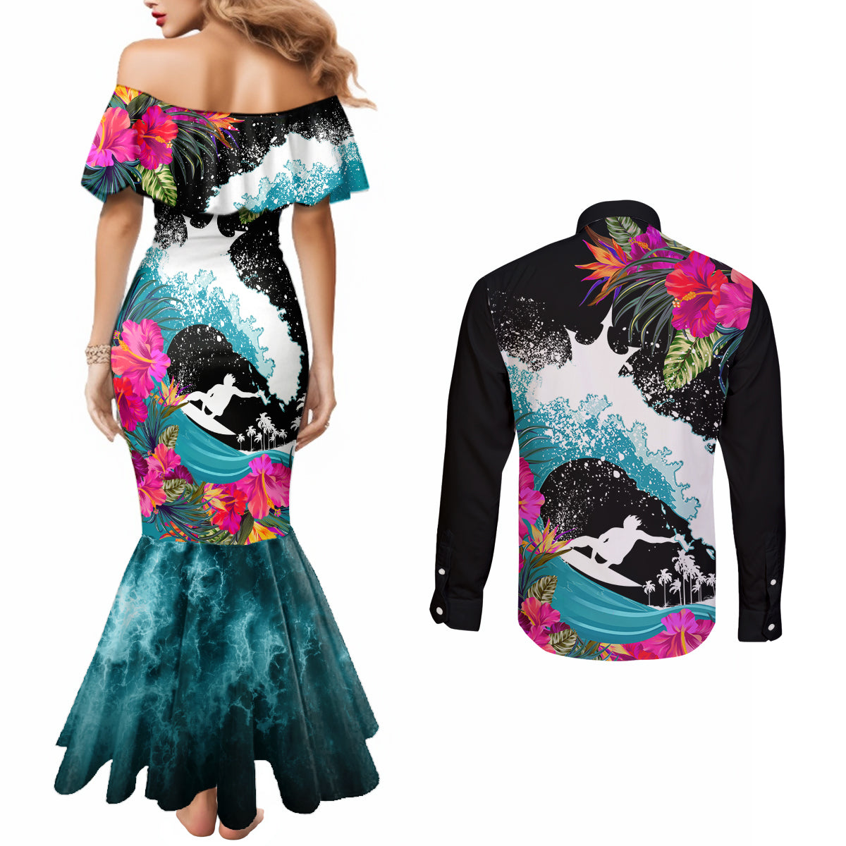 hawaii-surfing-couples-matching-mermaid-dress-and-long-sleeve-button-shirts-triple-crown-rides-the-waves