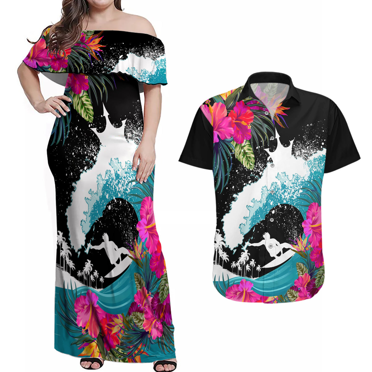 Hawaii Surfing Couples Matching Off Shoulder Maxi Dress and Hawaiian Shirt Triple Crown Rides The Waves LT7 - Wonder Print Shop