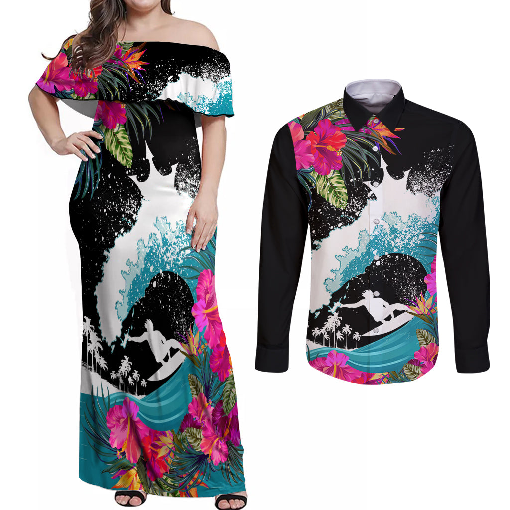 Hawaii Surfing Couples Matching Off Shoulder Maxi Dress and Long Sleeve Button Shirts Triple Crown Rides The Waves LT7 - Wonder Print Shop