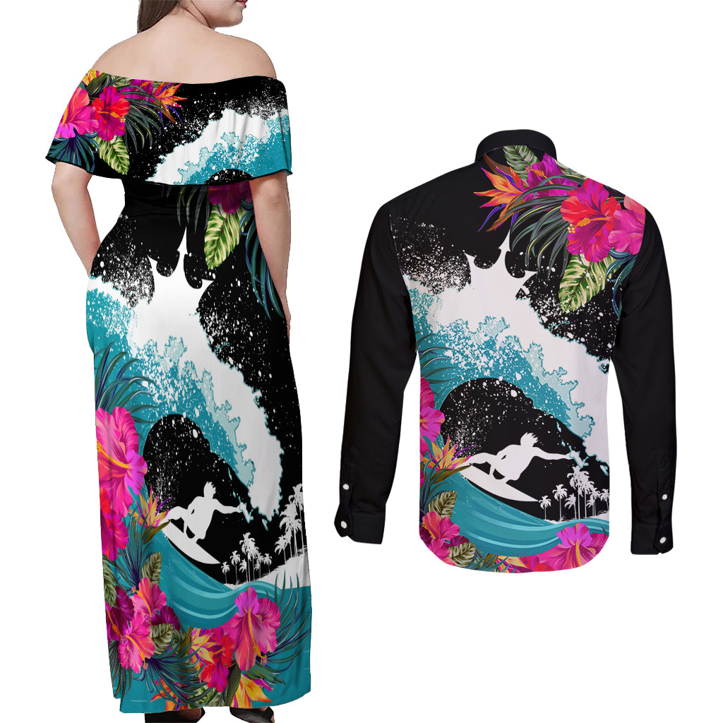 Hawaii Surfing Couples Matching Off Shoulder Maxi Dress and Long Sleeve Button Shirts Triple Crown Rides The Waves LT7 - Wonder Print Shop