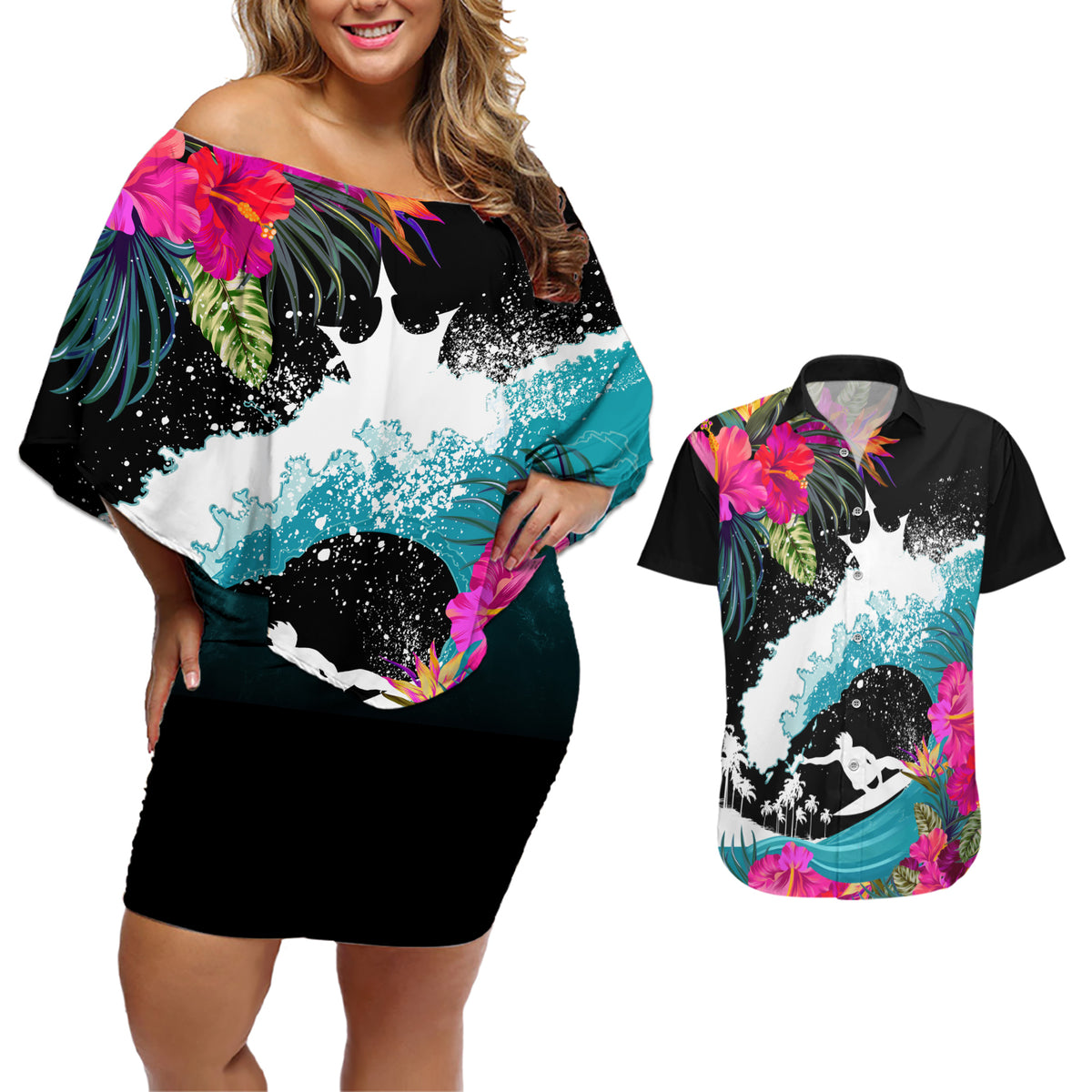 Hawaii Surfing Couples Matching Off Shoulder Short Dress and Hawaiian Shirt Triple Crown Rides The Waves LT7 - Wonder Print Shop