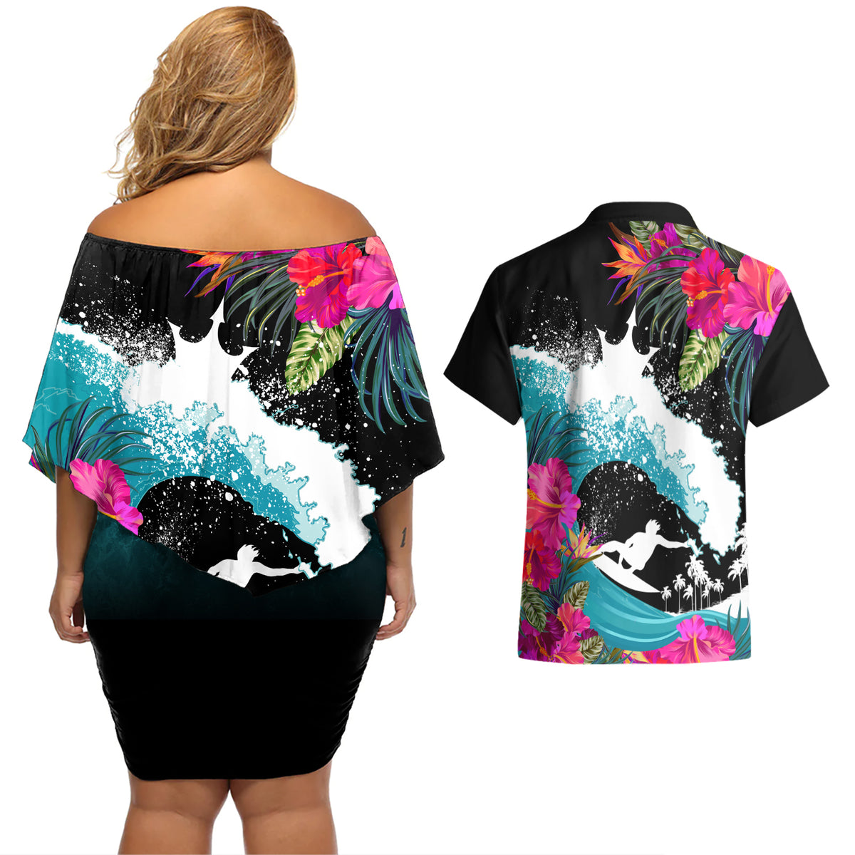 Hawaii Surfing Couples Matching Off Shoulder Short Dress and Hawaiian Shirt Triple Crown Rides The Waves LT7 - Wonder Print Shop