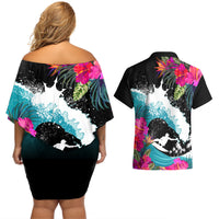 Hawaii Surfing Couples Matching Off Shoulder Short Dress and Hawaiian Shirt Triple Crown Rides The Waves LT7 - Wonder Print Shop