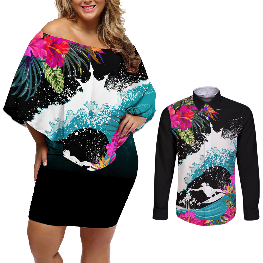 Hawaii Surfing Couples Matching Off Shoulder Short Dress and Long Sleeve Button Shirts Triple Crown Rides The Waves LT7 - Wonder Print Shop