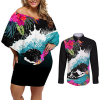 Hawaii Surfing Couples Matching Off Shoulder Short Dress and Long Sleeve Button Shirts Triple Crown Rides The Waves LT7 - Wonder Print Shop