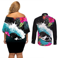 Hawaii Surfing Couples Matching Off Shoulder Short Dress and Long Sleeve Button Shirts Triple Crown Rides The Waves LT7 - Wonder Print Shop