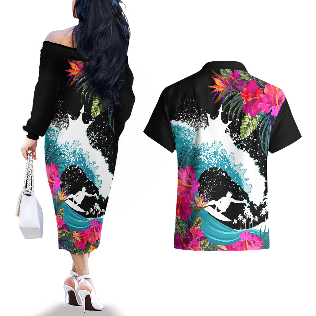 Hawaii Surfing Couples Matching Off The Shoulder Long Sleeve Dress and Hawaiian Shirt Triple Crown Rides The Waves LT7 - Wonder Print Shop