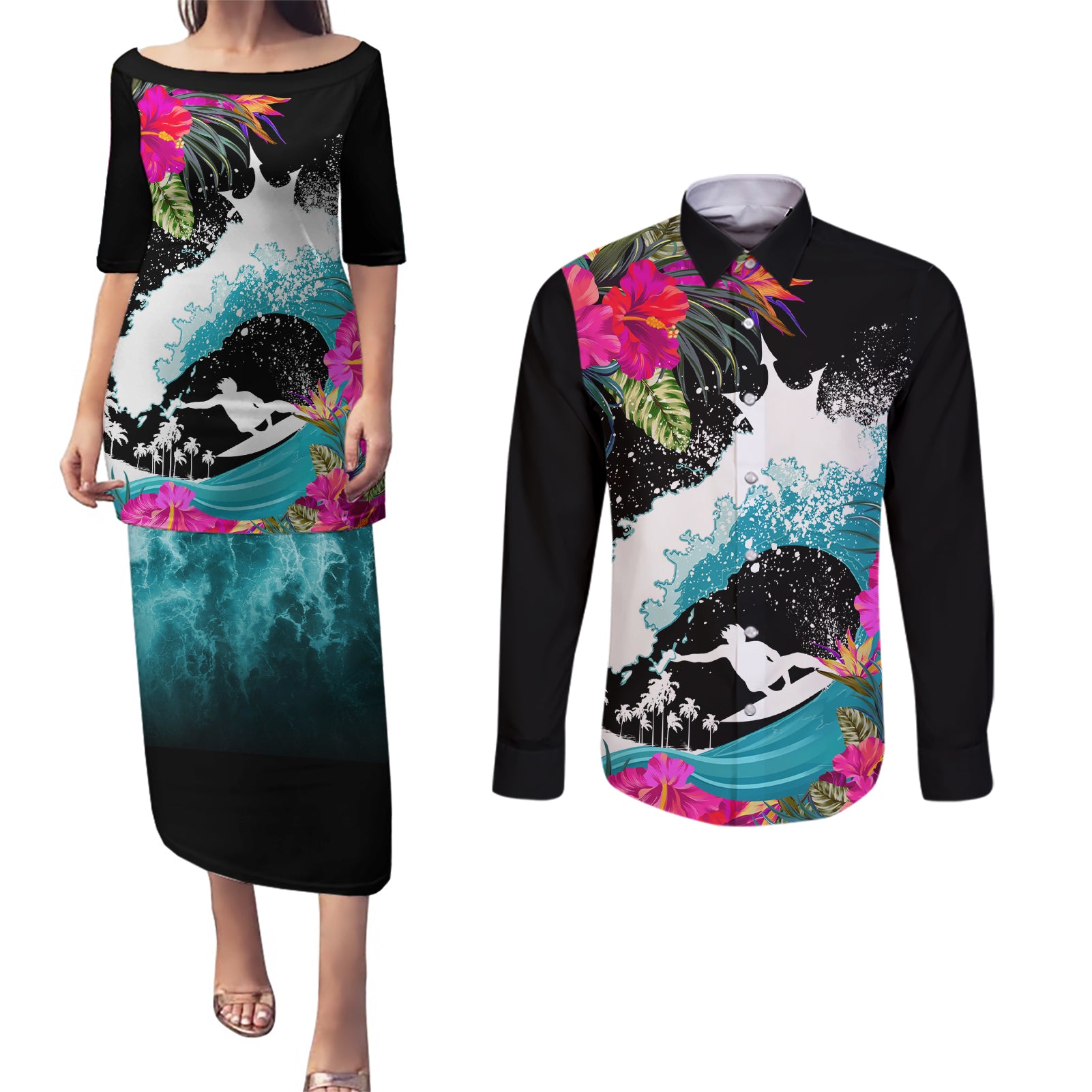Hawaii Surfing Couples Matching Puletasi Dress and Long Sleeve Button Shirts Triple Crown Rides The Waves LT7 - Wonder Print Shop