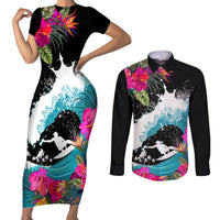 Hawaii Surfing Couples Matching Short Sleeve Bodycon Dress and Long Sleeve Button Shirts Triple Crown Rides The Waves LT7 - Wonder Print Shop