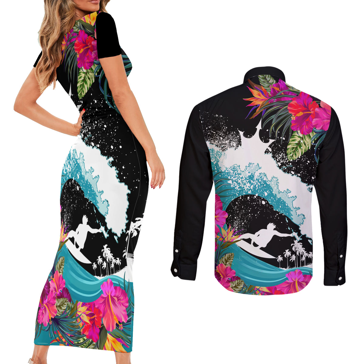 Hawaii Surfing Couples Matching Short Sleeve Bodycon Dress and Long Sleeve Button Shirts Triple Crown Rides The Waves LT7 - Wonder Print Shop