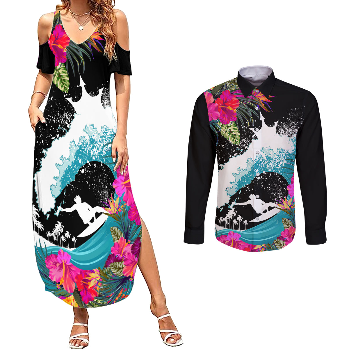Hawaii Surfing Couples Matching Summer Maxi Dress and Long Sleeve Button Shirts Triple Crown Rides The Waves LT7 - Wonder Print Shop