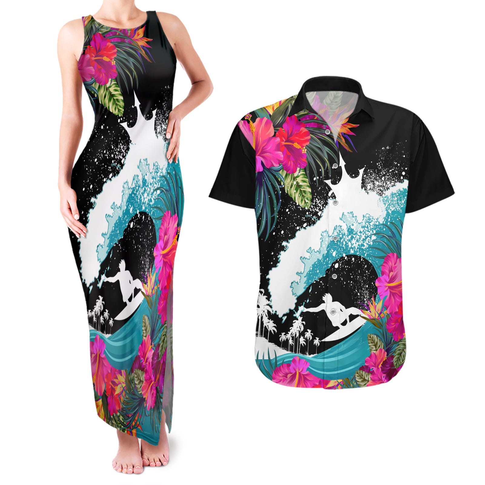 Hawaii Surfing Couples Matching Tank Maxi Dress and Hawaiian Shirt Triple Crown Rides The Waves LT7 - Wonder Print Shop