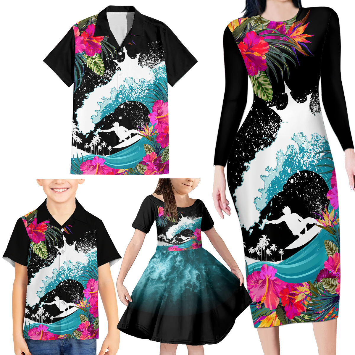 Hawaii Surfing Family Matching Long Sleeve Bodycon Dress and Hawaiian Shirt Triple Crown Rides The Waves LT7 - Wonder Print Shop