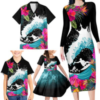 Hawaii Surfing Family Matching Long Sleeve Bodycon Dress and Hawaiian Shirt Triple Crown Rides The Waves LT7 - Wonder Print Shop