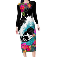 Hawaii Surfing Family Matching Long Sleeve Bodycon Dress and Hawaiian Shirt Triple Crown Rides The Waves LT7 - Wonder Print Shop
