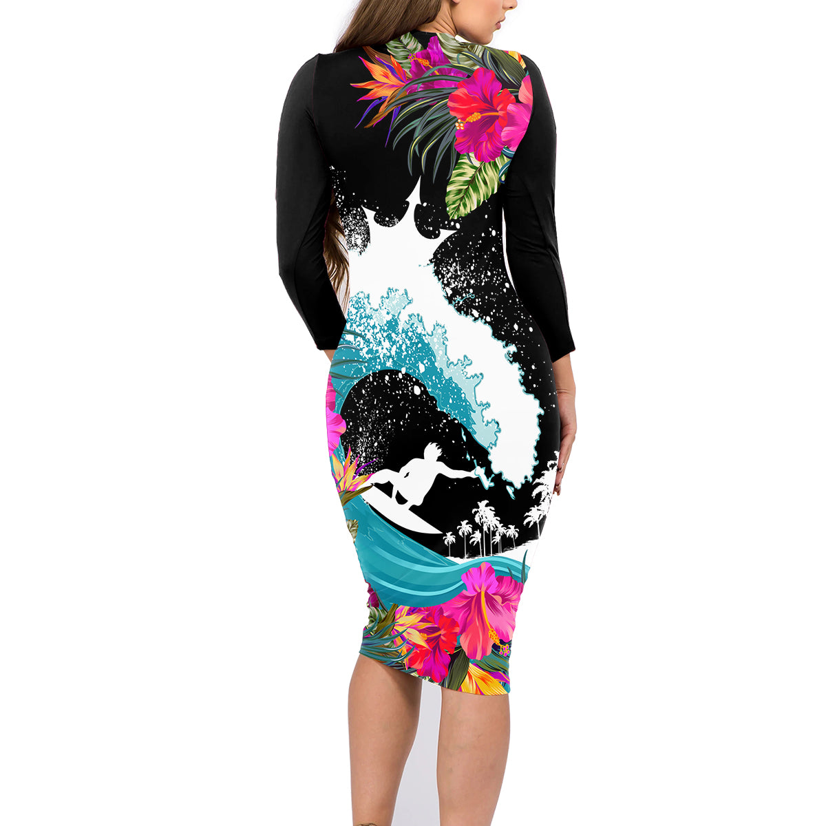 Hawaii Surfing Family Matching Long Sleeve Bodycon Dress and Hawaiian Shirt Triple Crown Rides The Waves LT7 - Wonder Print Shop