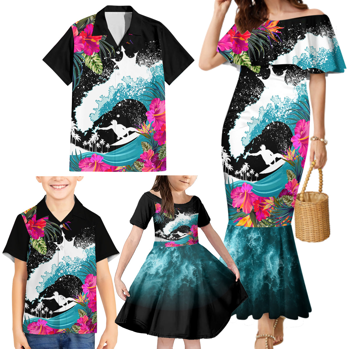 Hawaii Surfing Family Matching Mermaid Dress and Hawaiian Shirt Triple Crown Rides The Waves LT7 - Wonder Print Shop