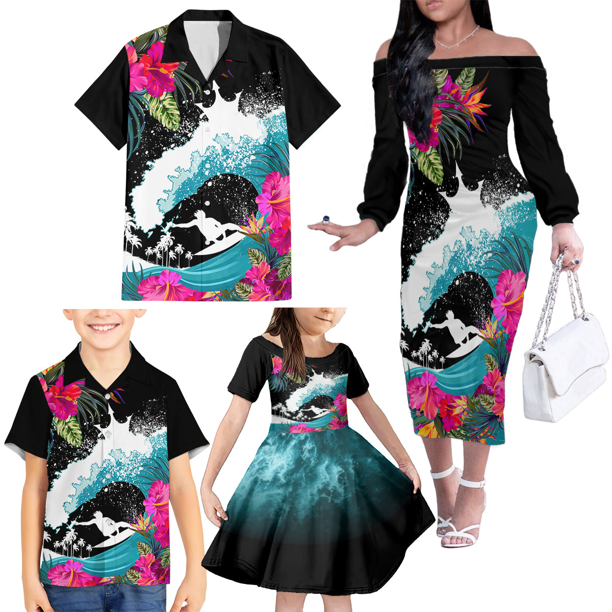 Hawaii Surfing Family Matching Off Shoulder Long Sleeve Dress and Hawaiian Shirt Triple Crown Rides The Waves - Wonder Print Shop