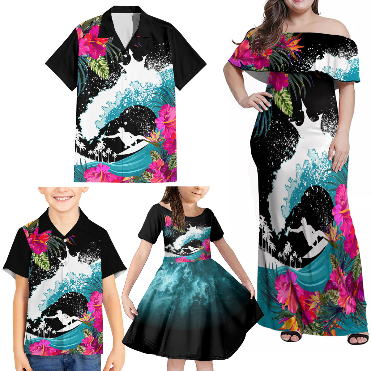 Hawaii Surfing Family Matching Off Shoulder Maxi Dress and Hawaiian Shirt Triple Crown Rides The Waves LT7 - Wonder Print Shop